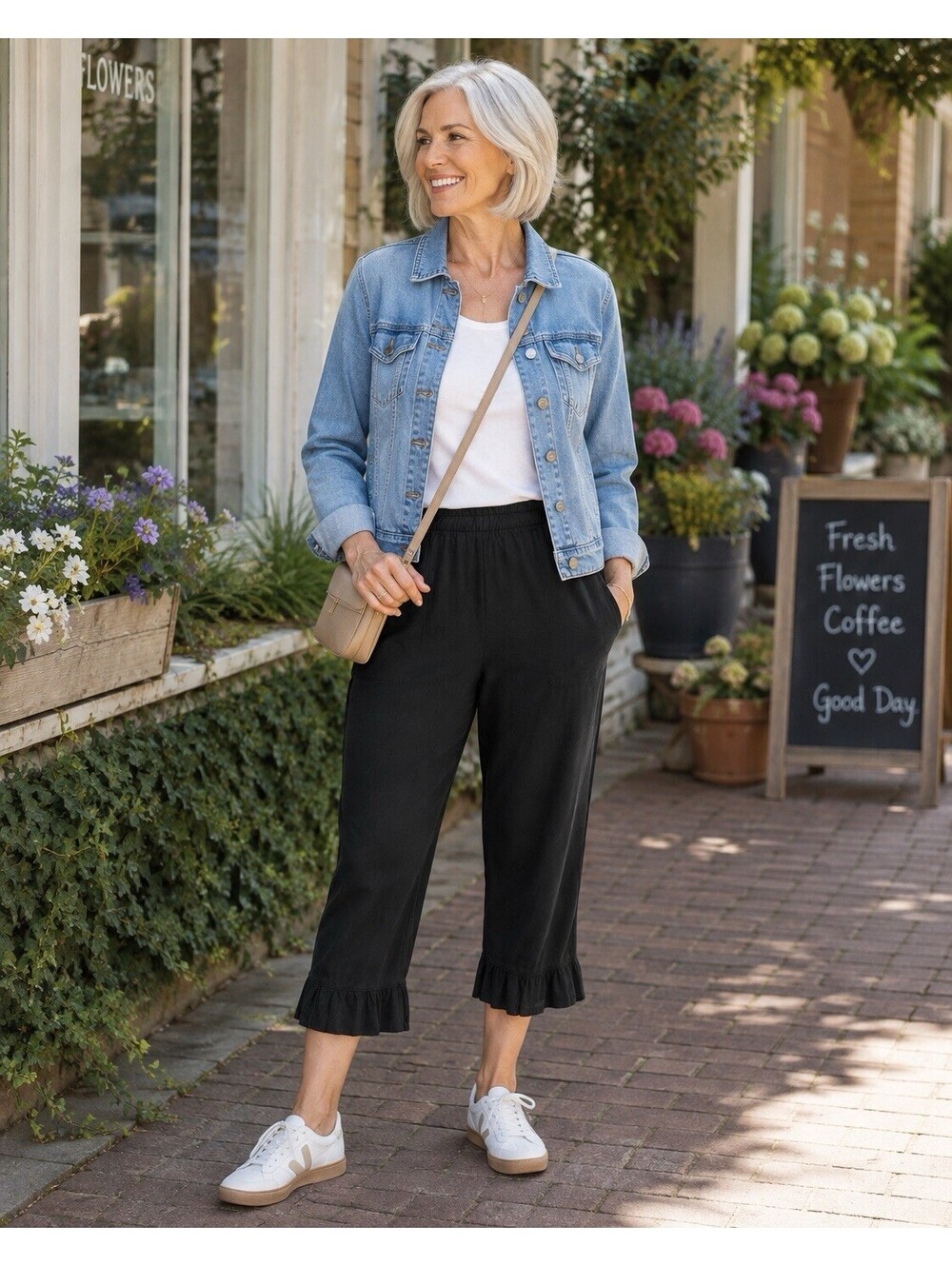 Fresh Produce Women’s L Black Cotton Blend Crop Pants Ruffle Hem Pockets Pull On